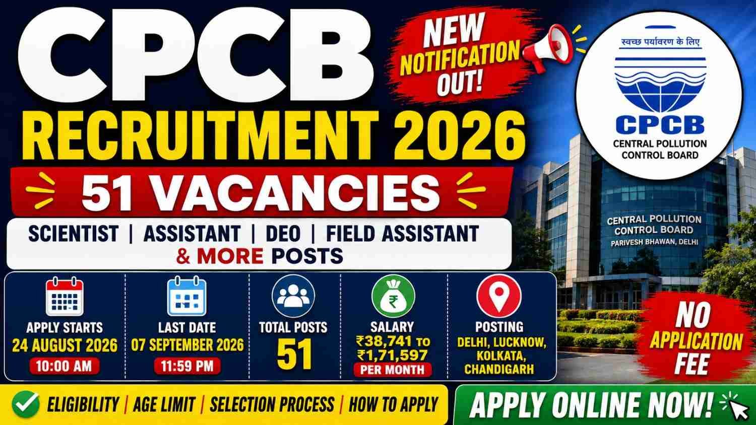 CPCB Recruitment 2026 notification for 51 Scientist, Scientific Assistant, DEO and Field Assistant posts