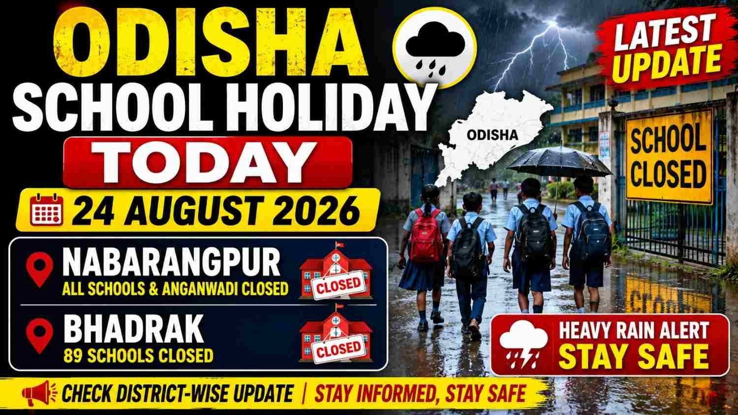 Odisha School Holiday Today August 24 2026 school closure due to heavy rain