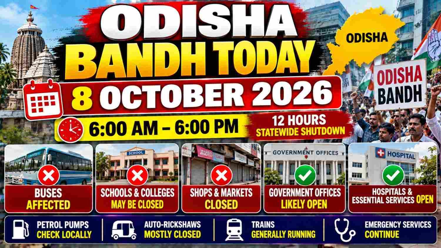 Odisha Bandh Today 8 October 2026 latest news and bandh timing