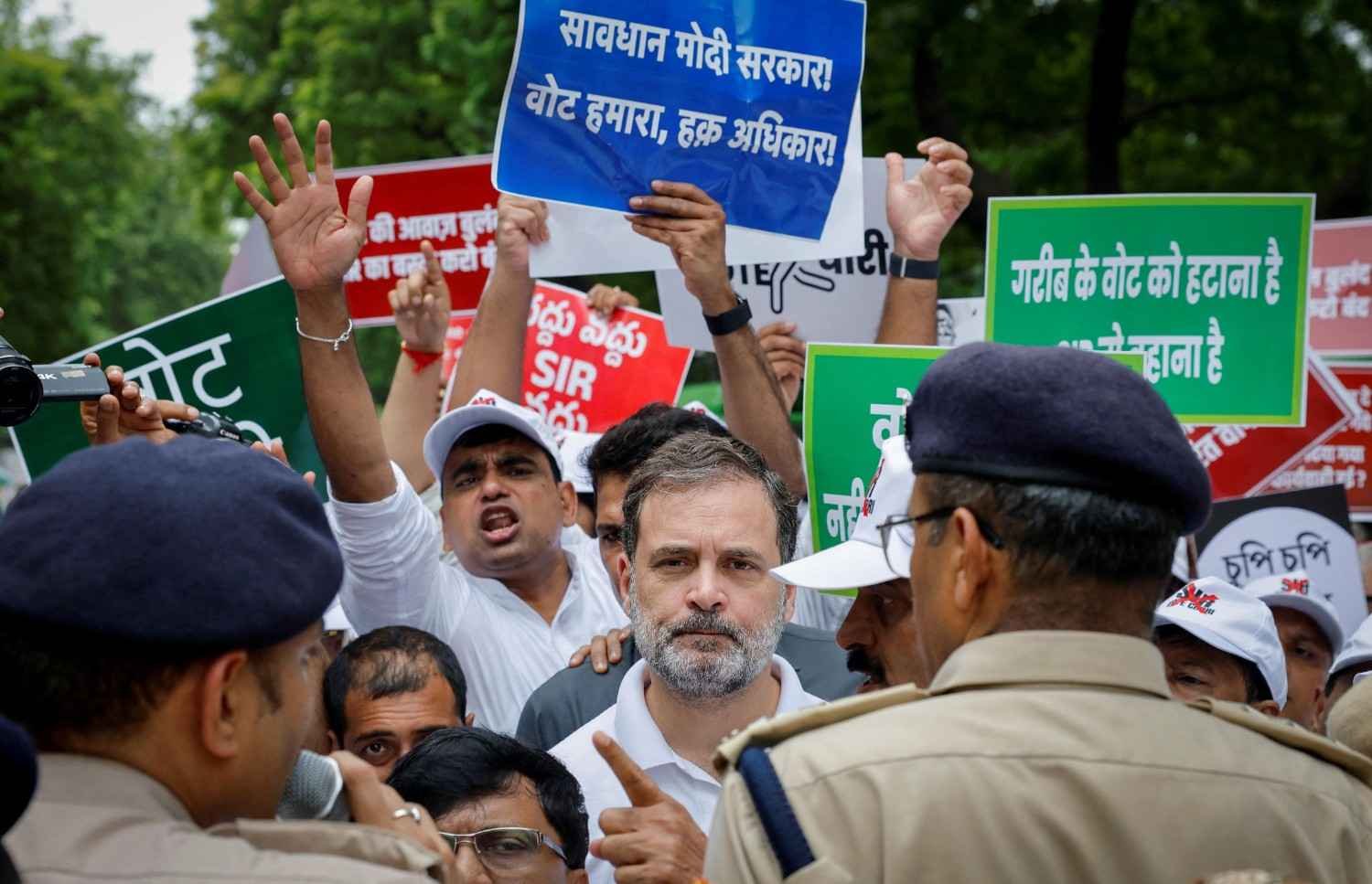 Rahul Gandhi and INDIA bloc leaders during the Supreme Court march in New Delhi on October 12, 2026